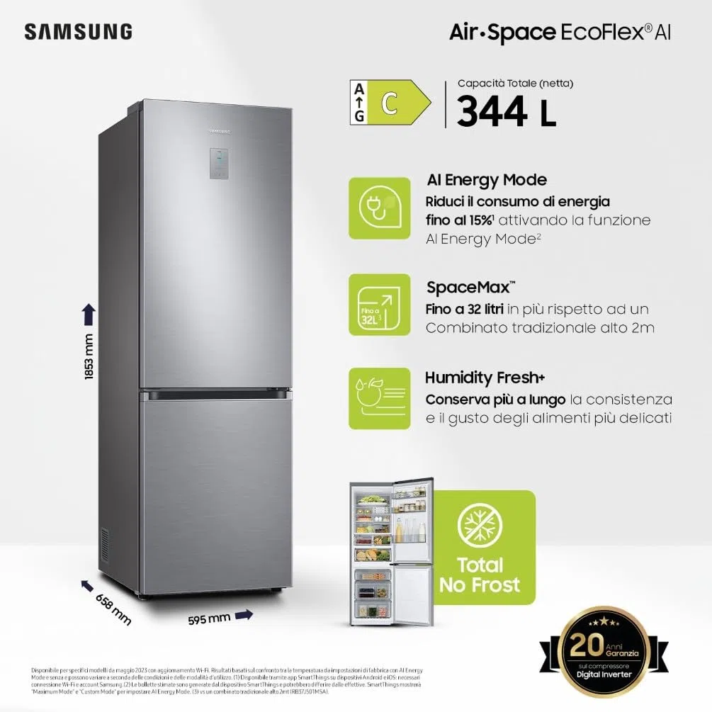 Samsung EcoFlex AI RB34C775CS9/EF Frigorifero Combinato, WiFi, SpaceMax, Total No Frost, All Around Cooling, Motore Digital Inverter Garantito 20 Anni, 344 L, LxAxP: 59,5 x 185,3 x 65,8 cm, Metal Inox