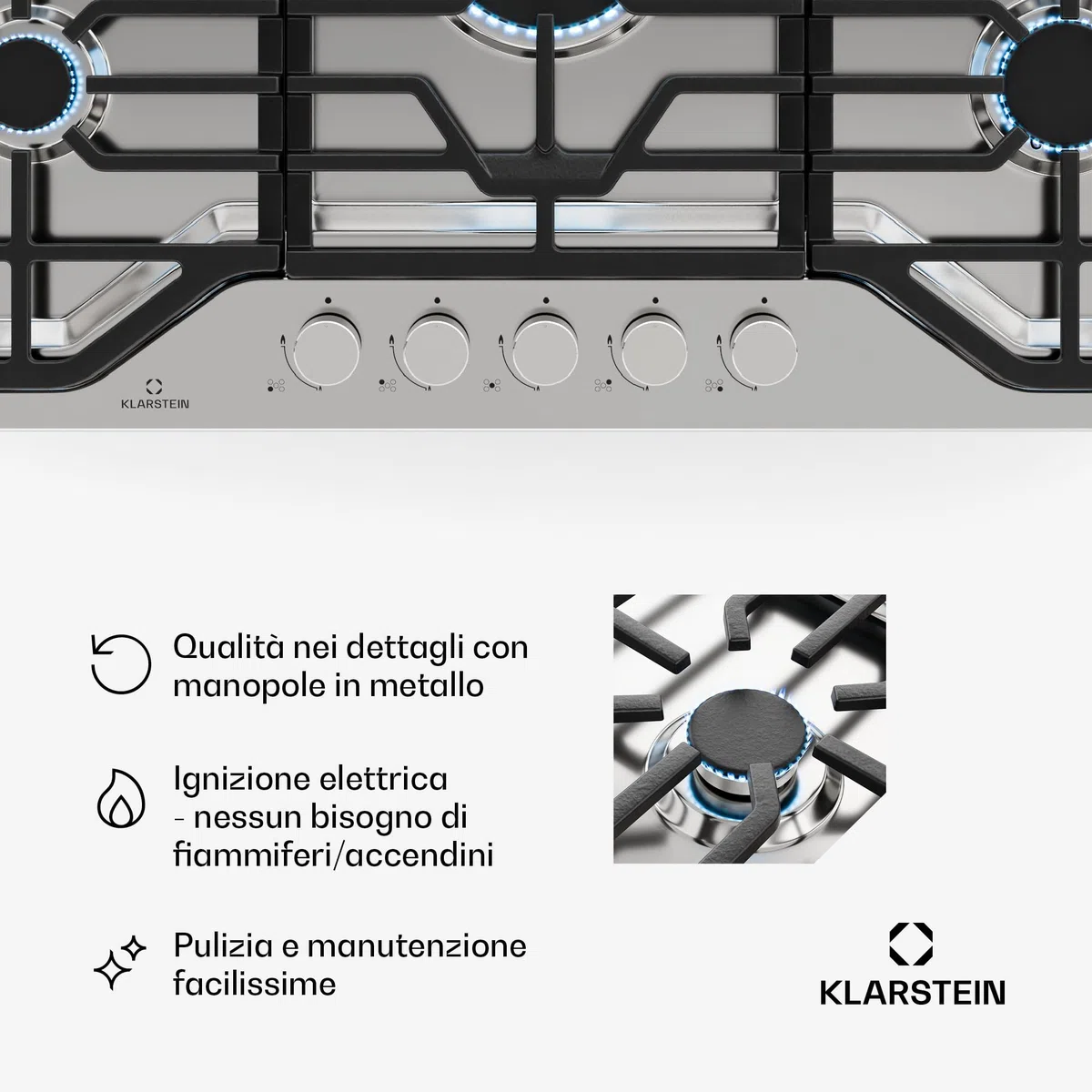 Klarstein Turbocast - Piano Cottura a Gas, 5 Bruciatori, Acciaio Inox 304, Wok: 3,4 kW, GPL, Accensione Elettrica, Supporti in Ghisa, Kit di Conversione Incluso, 910x85x510 mm