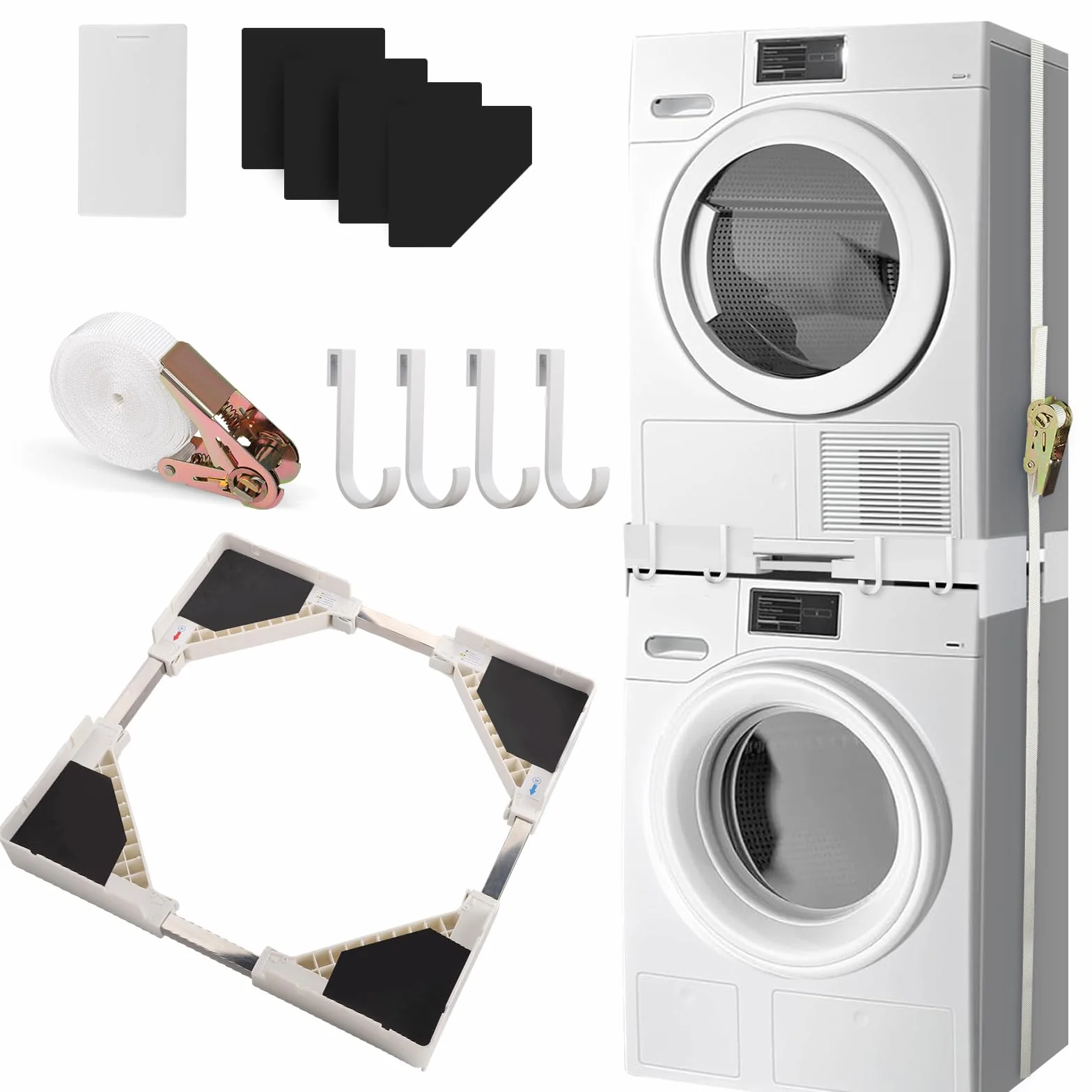 Kit Sovrapposizione Lavatrice Asciugatrice,Kit di Supporto Lavatrice Asciugatrice con Cinghie Cricchetto,per Lavatrici e Asciugatrici da 45-68cm, telaio di collegamento regolabileper200kg,salvaspazio