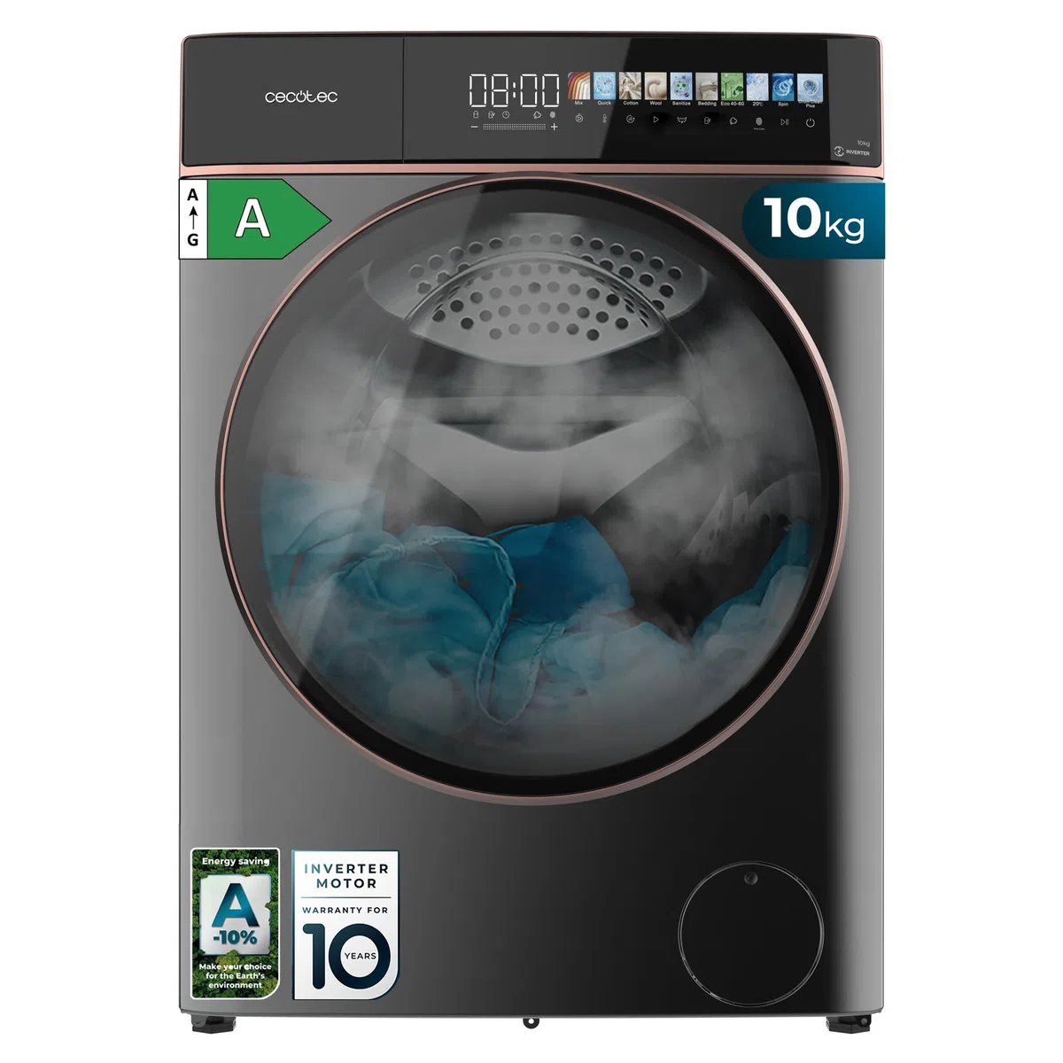 Cecotec Lavatrice 8Kg Carica Frontale Bolero DressCode 8900 Inverter FullColor Steel A. Acciaio 1400 Giri, Schermo 10,3", 11 Programmi, Inverter, SteamMax, Classe A