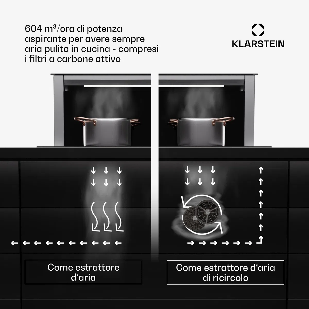 Klarstein cappa aspirante 75 cm a scomparsa ricircolo 2 in 1 576 m³/h LED touch nero