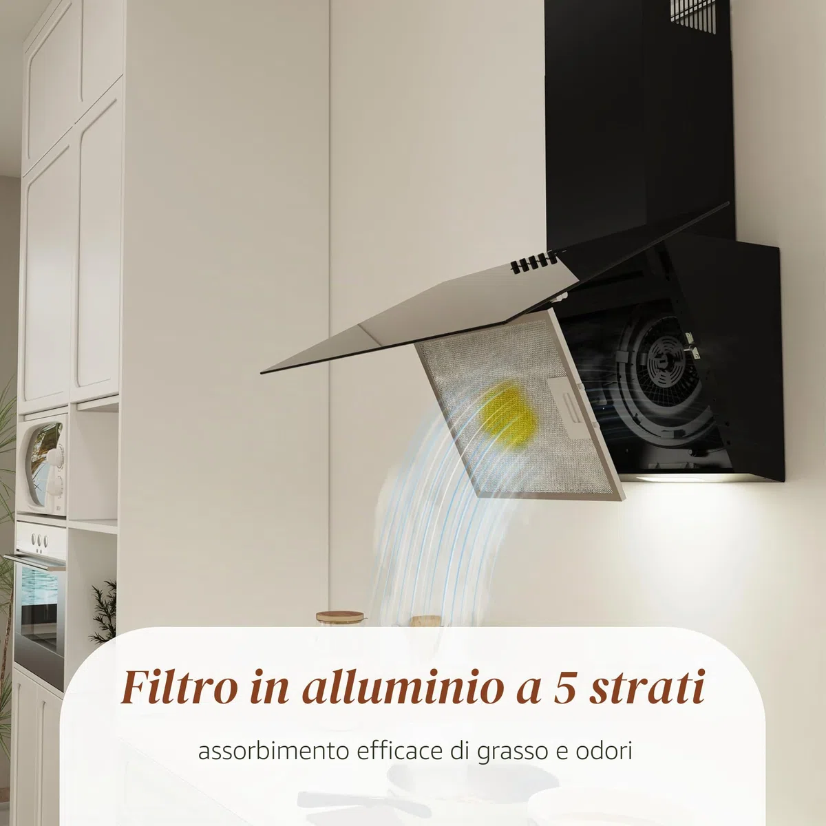 FIREGAS Cappa Aspirante 60cm Classe A Inclinata da Cucina - Cappa a Parete con Motore Senza Spazzole, 3 Livelli di Aspirazione, Filtro a Carboni Attivi, Sistema di Evacuazione e Riciclaggio, Nero