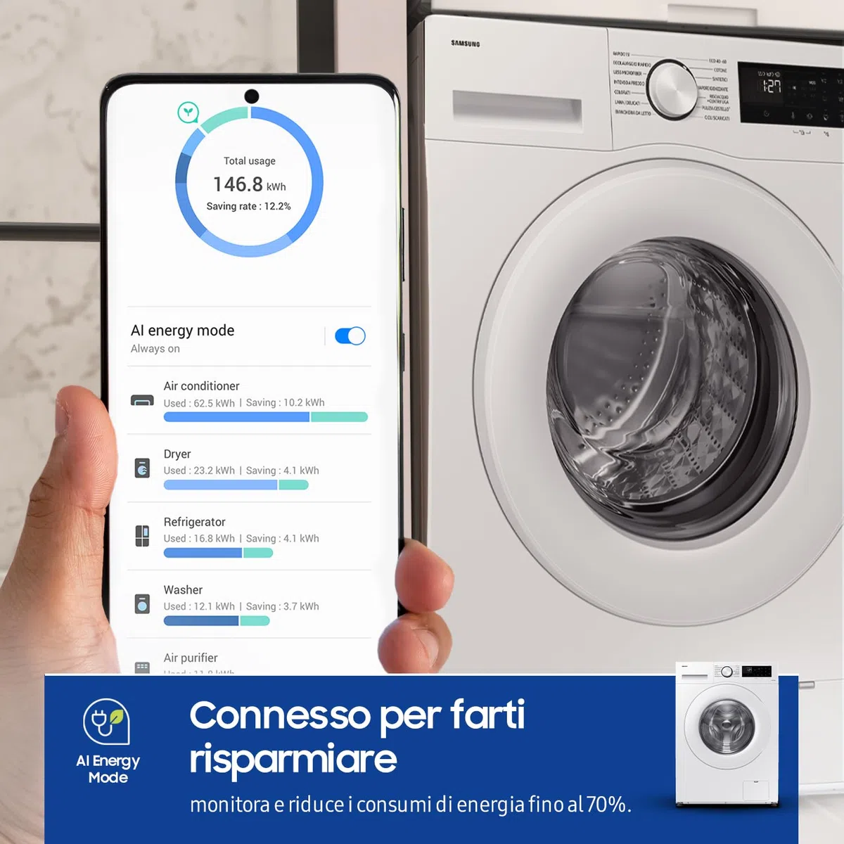 Samsung Lavatrice Crystal Clean Wifi WW11DG5B25TE/ET Libera installazione, 11 Kg, 1400 RPM, Ecobubble, Vapore, Carica Frontale, 60l x 85h x 55p cm