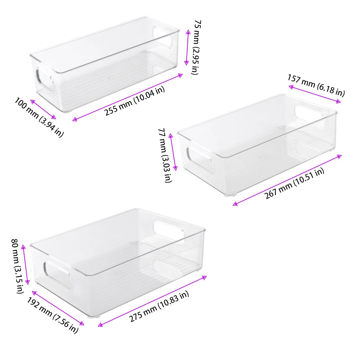 FUNSUEI Set di 6 organizer per frigorifero, 3 misure, contenitore per frigorifero, contenitore con manico, trasparente, organizer in plastica per la cucina
