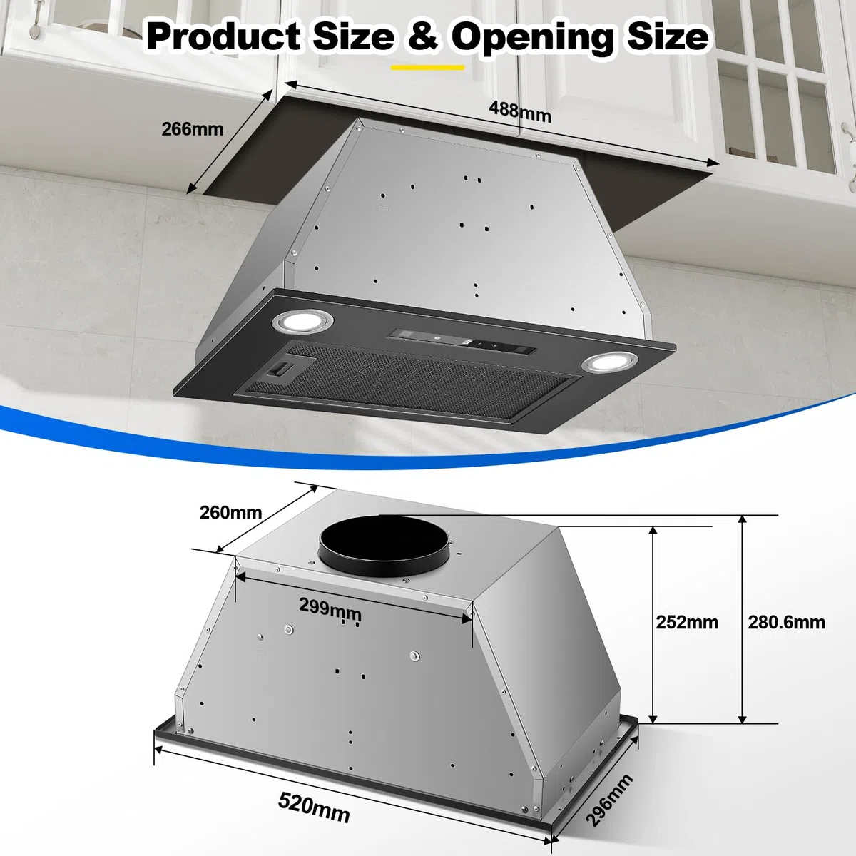 Cappa da incasso 52 cm, 400 m³/h, Nero Cappa da cucina, Comandi Gesto, Tocco, 3 velocità e Booster, Illuminazione a LED, Evacuazione dei condotti e ricircolo con filtro carbone attivo