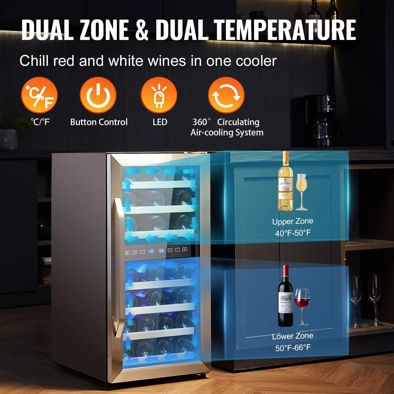 VEVOR Cantinetta per Vini Capienza da 33 Bottiglie, Cantinetta Portabottiglie Doppia Zona, Frigo con Raffreddamento ad Aria Circolante Controllo Digitale, Protezione UV, per Vino Rosso e Bianco
