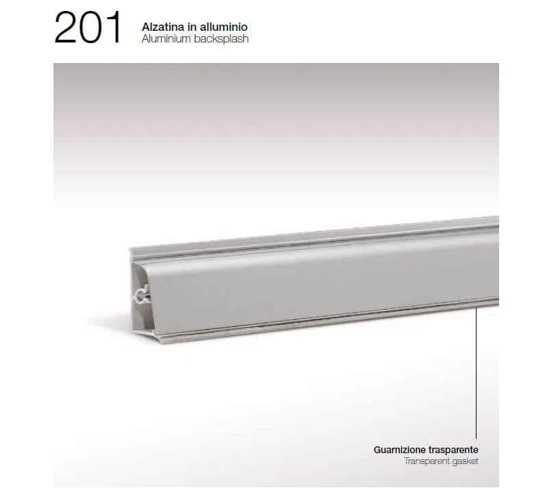 Alzatina per Piani da Cucina in PVC rivestita in alluminio , spalletta per Top con la seguente Misura = 240 cm Compresa di 1 Tappo SX, 1 Tappo DX, 1 Angolo SX, 1 Angolo DX, Colore Alluminio Spazzolato