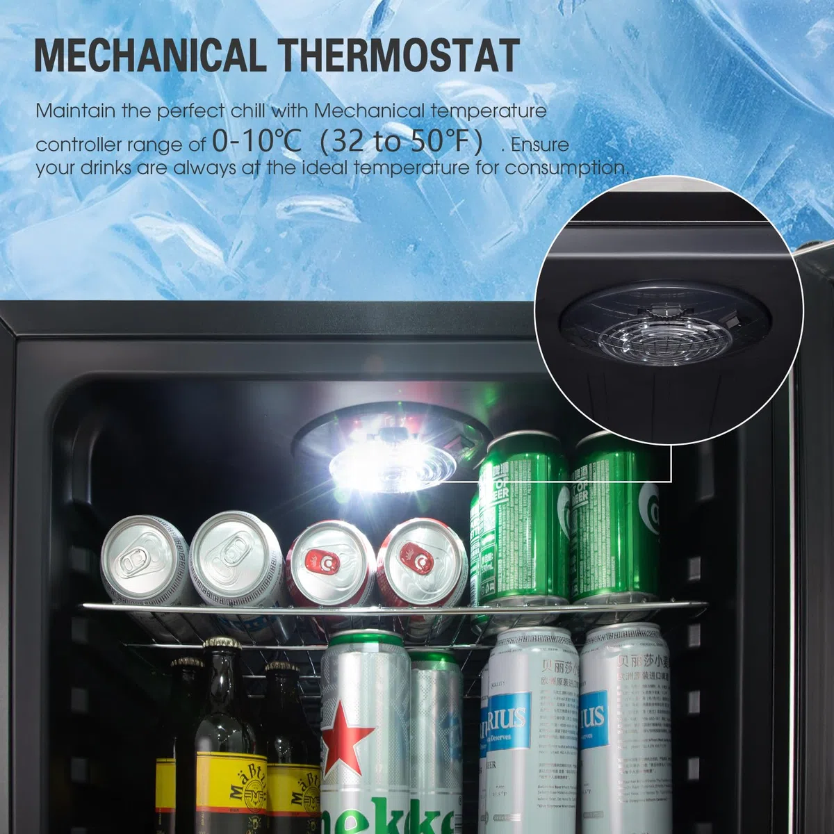 HCK 115L Frigorifero per bevande da libero posizionamento con porta in vetro doppio, temperatura regolabile 0-10℃, 4 ripiani rimovibili per birra e bevande
