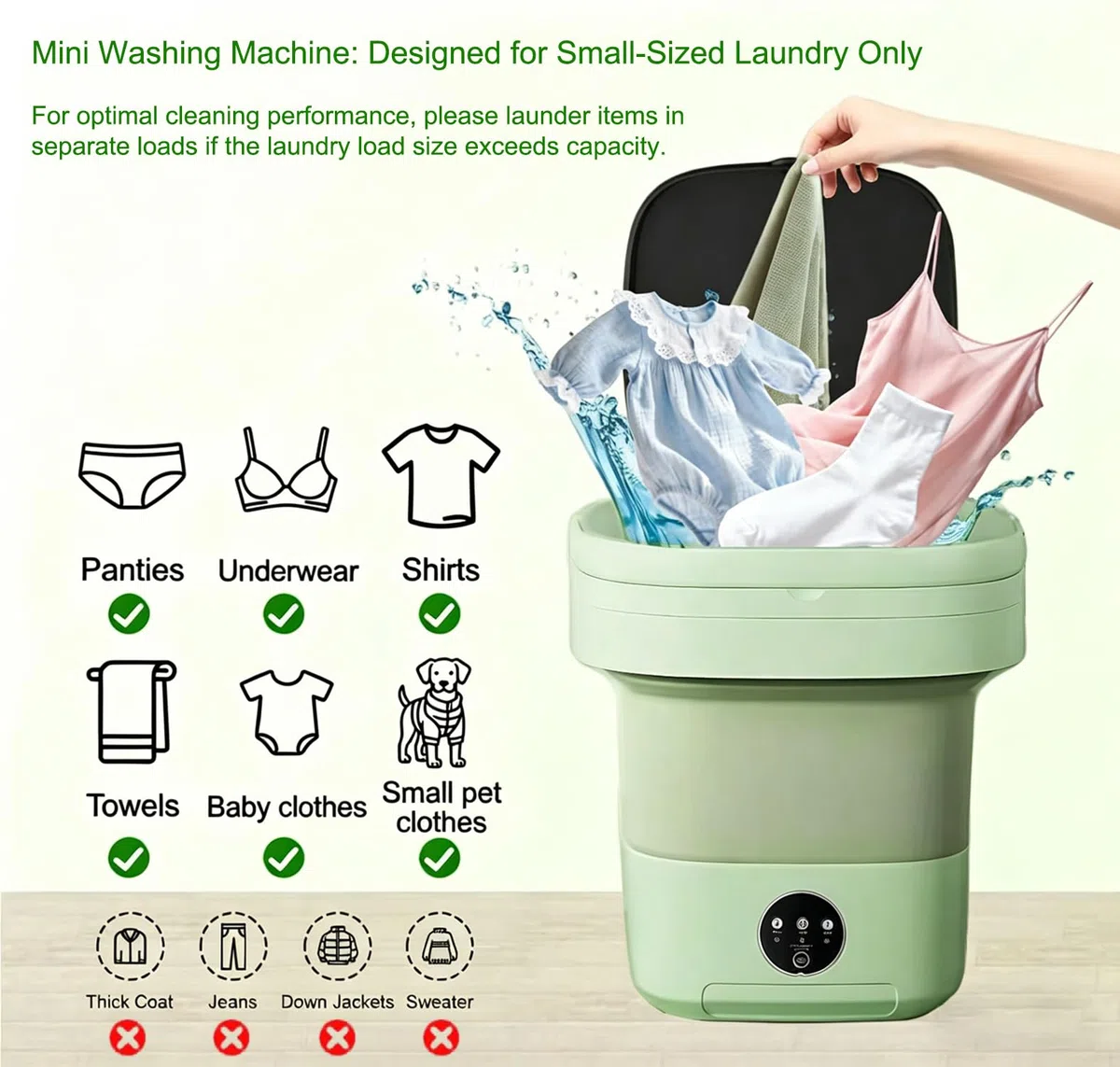 Lavatrice Pieghevole 8L, Mini Lavatrice Portatile con 3 Modalità di Lavaggio & Cestello Strizzatore, Disinfezione Ag+, Risparmio Energetico per Intimo, Calzini, Abiti Bambino, Viaggio e Studentato