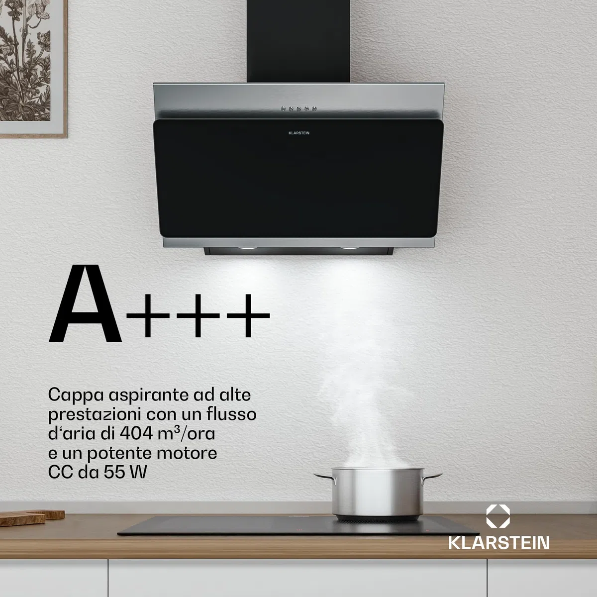 Klarstein Alessia Cappe Inclinate - 60cm Cappa Angolare, 404 m³/h, LED, A+++, 3 Velocità & Boost, Filtro Carbone, Acciaio Inox & Vetro Nero, Aspirante o Ricircolo, Cappa Cucina