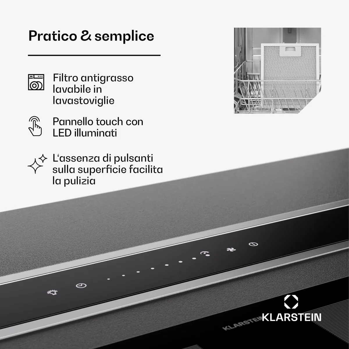 Klarstein cappa aspirante 75 cm a scomparsa ricircolo 2 in 1 576 m³/h LED touch nero