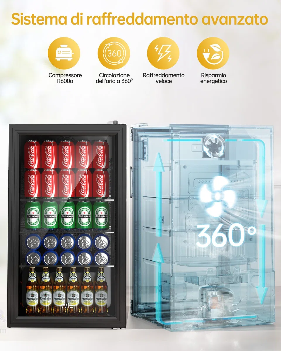 WIE Professional Mini Frigo per Bevande, Frigorifero per Bevande Con Porta in Vetro, 3 Ripiani Regolabili, Controllo Intelligente, Porta Reversibile, Perfetto per Casa/Bar/Ufficio/Hotel (Nero 86L)