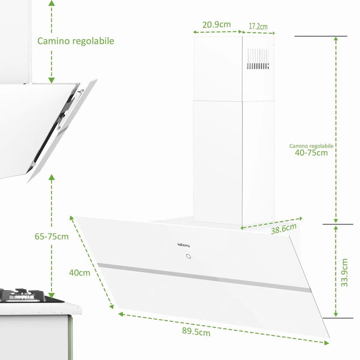 Cappa Aspirante 90 cm, IsEasy Cappa a Ricircolo, 571m³/h Forte Aspirazione, 4 Livelli, Ritenitore di Pannello, Modalità Evacuazione, Ritardo di Spegnimento 1–9min, Funzione Memoria,61dB, Bianco, A++