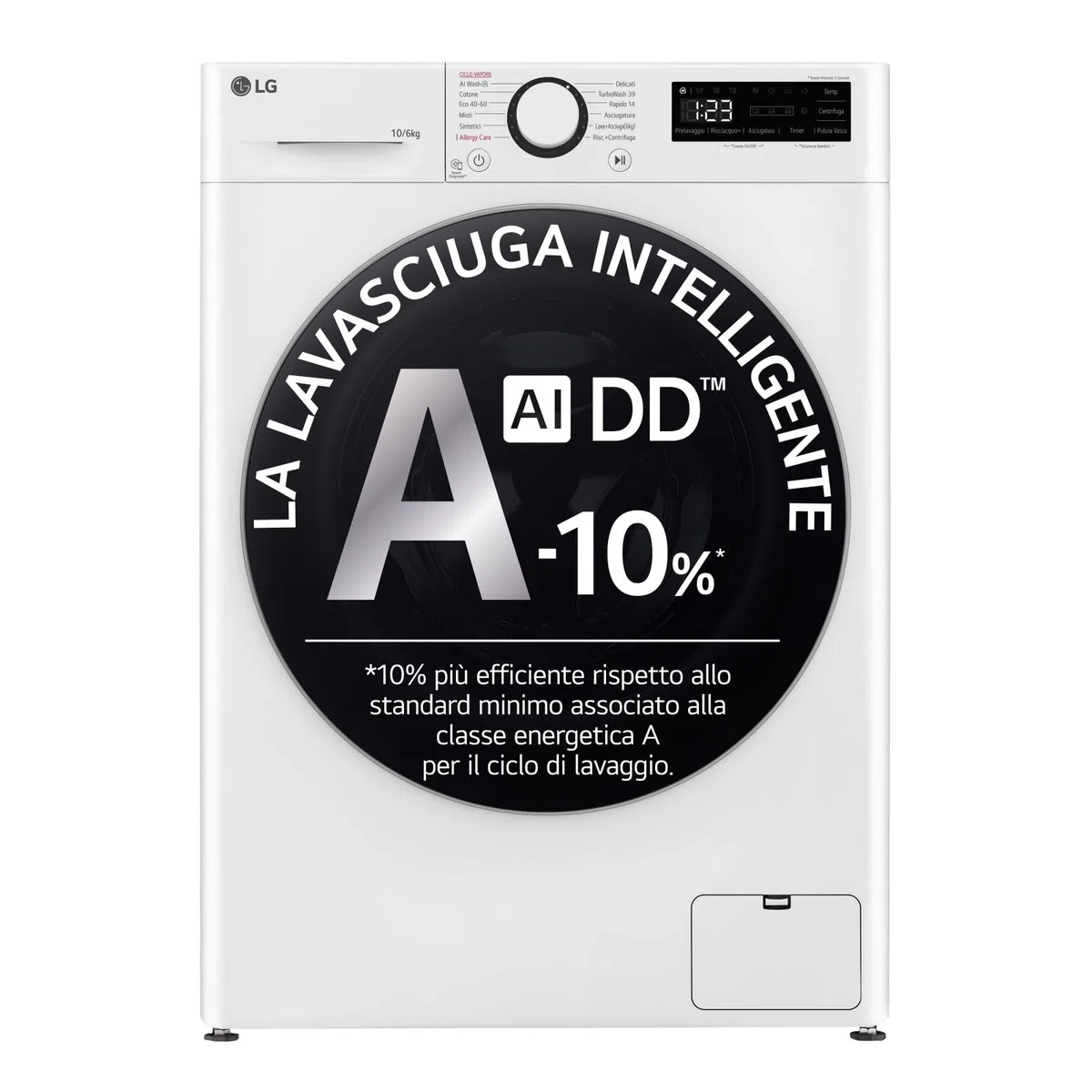 LG AI DD D4R5010TSWS Lavasciuga 10 / 6kg Serie R5 Classe A-10%/D, Lavatrice e Asciugatrice Insieme, 1400 giri, TurboWash360, Steam, Eco Hybrid, Allergy Care, Motore Inverter Direct Drive, Bianca