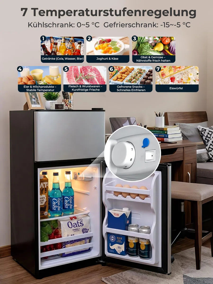 FOHERE Mini Frigorifero con Congelatore 76L, Frigo Piccolo Doppia Porta Silenzioso (50L+26L) per Camera da Letto e Monolocale, Mini Bar per Bevande e Gelati a Risparmio Energetico, 43dB