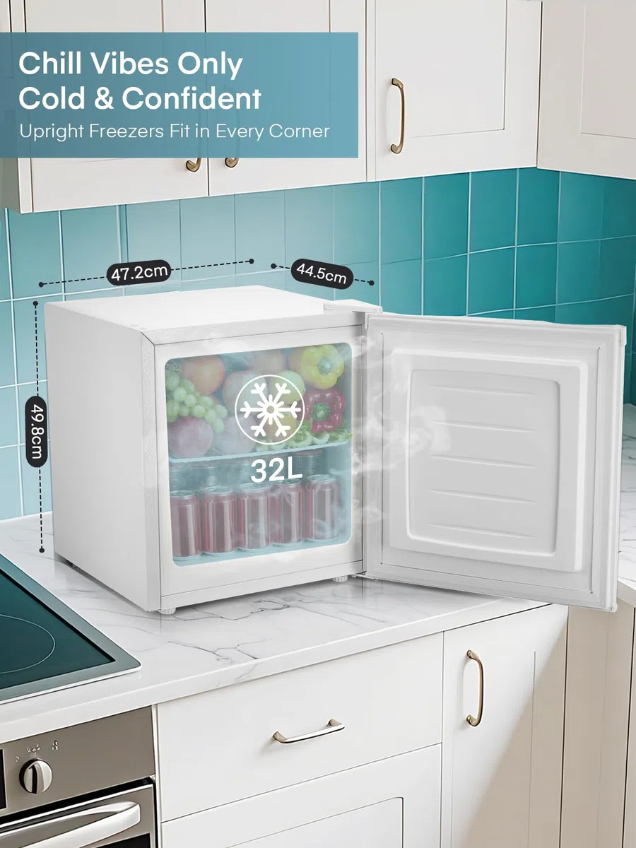 FOHERE 32L Mini Congelatore, Congelatore Piccolo con Porta Reversibile,Silenzioso, 7 Termostato Regolabile, per Hotel/Dormitorio/Appartamento/Ufficio, Nero [Classe di efficienza energetica E]