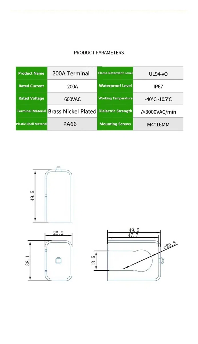Terminali batteria Lifepo4 Li-ion ad alta corrente attraverso parete Terminale di accumulo di energia Connettore blocco connettore inverter 200ASquadro(2 Pcs 200A)
