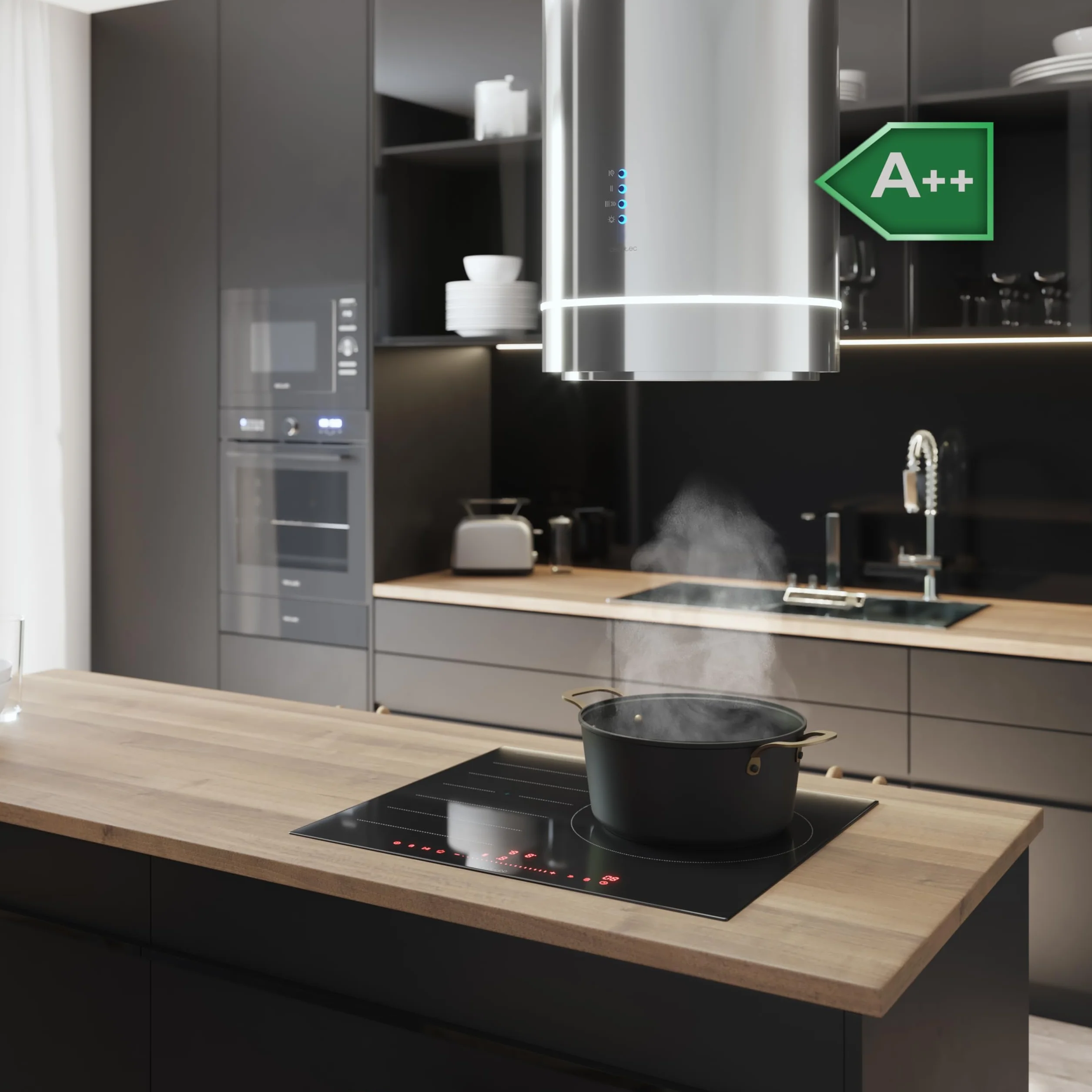Cecotec Cappa Aspirante Isola Rotonda 38cm Bolero Flux Ire 388000 Inox A++. Aspirazione 712m3/h, Motore 210W, Controllo Elettronico, Pannello LED, Filtro Carbone, Design Elegante Inox