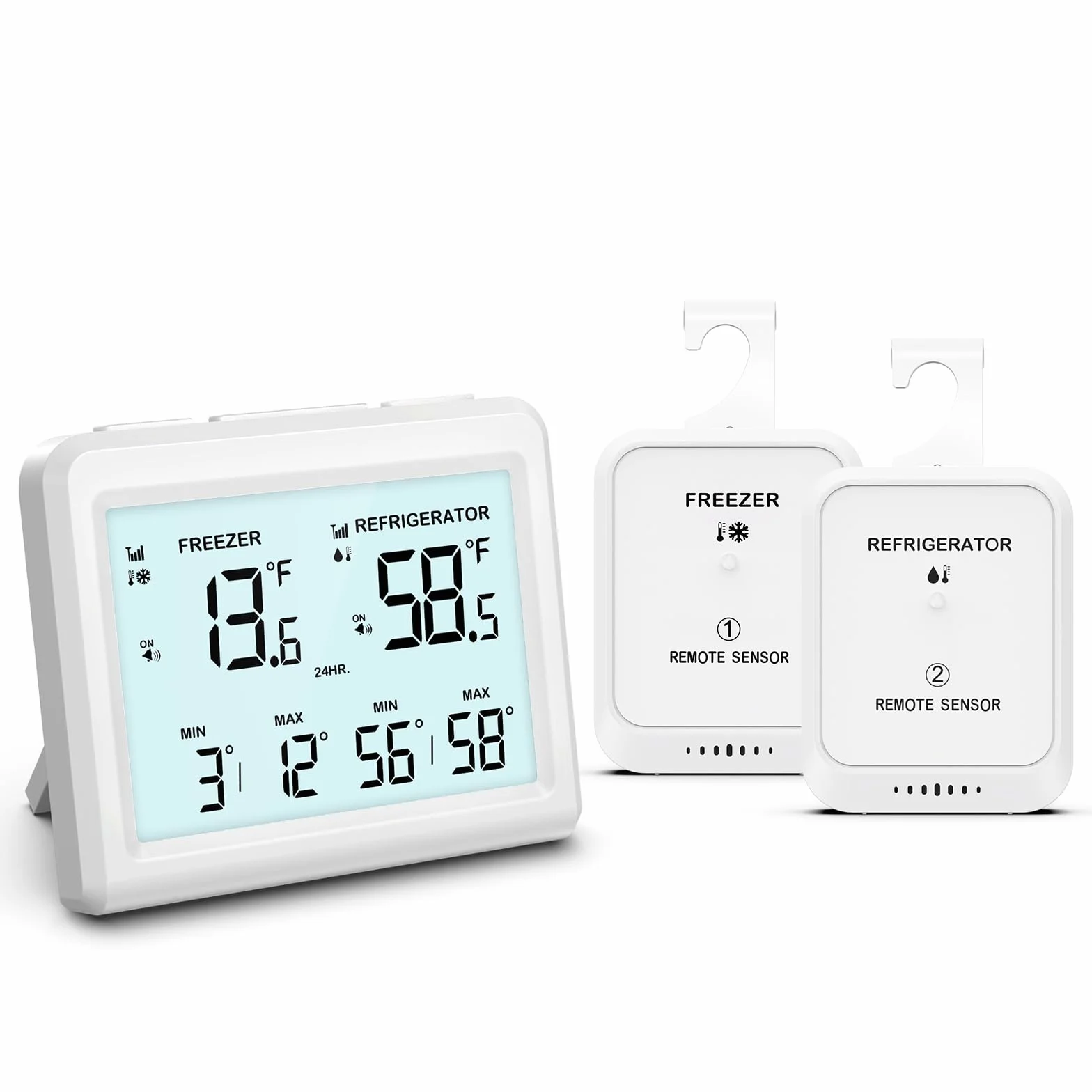 Termometro Frigo Termometro Congelatore con 2 Sensori, MIN/MAX, ℃/℉, Funzione Allarme, Allarme Congelatore, Termometro Frigorifero, Termometro Collegato per Casa, Cucina, Bar