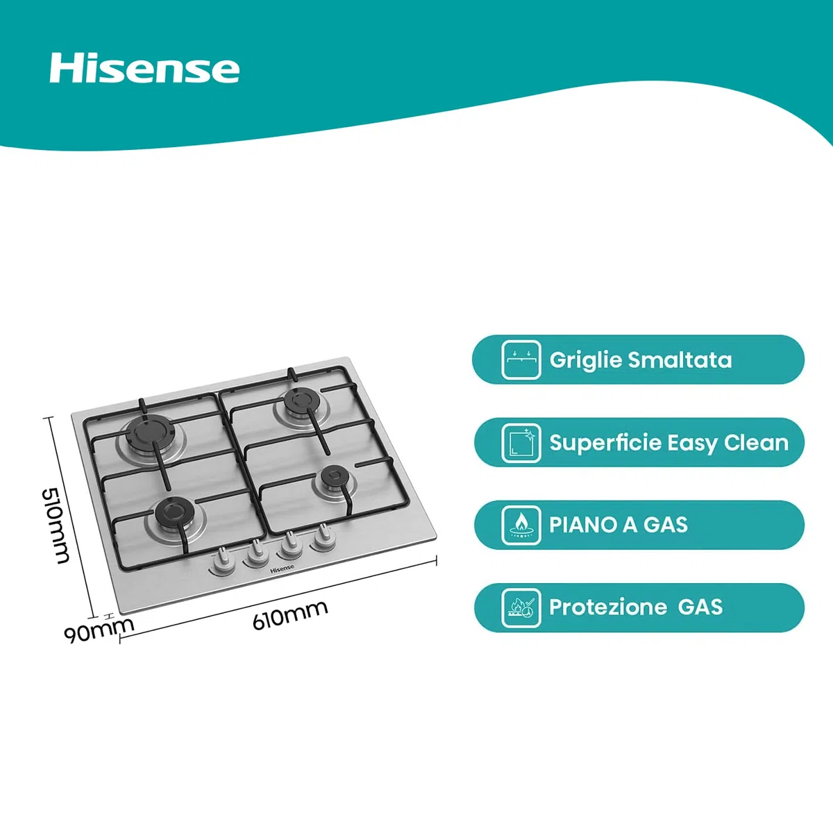 Hisense GM642XF Piano Cottura a Gas 4 Zone, Griglie Smaltate, Accensione Integrata, Finitura Inox Anti Impronta