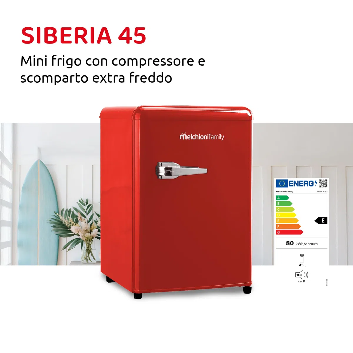 Melchioni Family | Frigorifero Siberia 45, Mini Frigo Vintage Rosso, Capacità da 45L, con Compressore e Comparto Extra Freddo