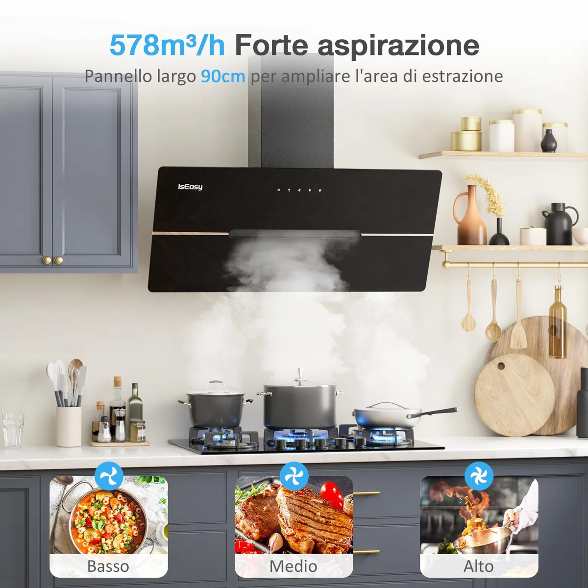 IsEasy Cappa Aspirante 90cm Inclinata, Cappa Cucina di Scarico/Ricircolo con 578 m³/h Forte Potenza di Aspirazione, 3 Livelli di Regolazione, 58 dB, Funzionamento Touch, Nero, Efficienza A++
