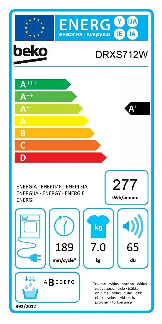 Beko Asciugatrice Slim DRXS712W Young, 7 Kg Classe A+ Pompa di calore