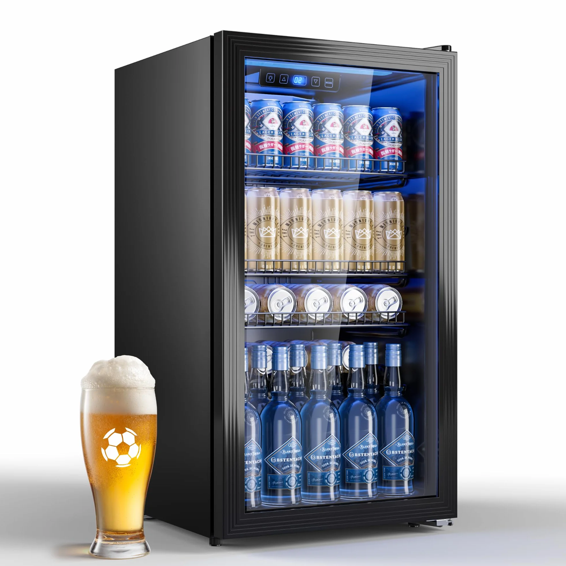 TRIUMPHKEY Frigorifero per Bevande 90 L con Porta in Vetro, Mini Frigo per 128 Lattine, Ripiani Regolabili per Birra, Vino e Bibite, Ideale per Casa, Bar e Ufficio