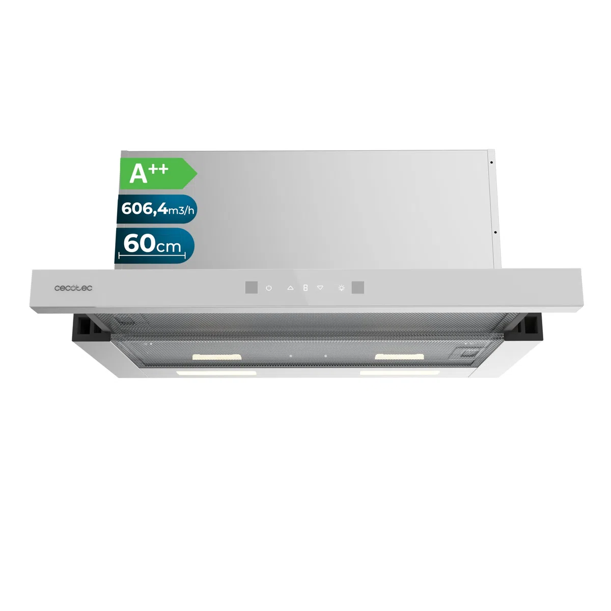Cecotec Cappa Aspirante Telescopica Bolero Flux TLT 605501 Glass White A++, 60cm, 606,4m³/h Aspirazione, Classe A++, Controllo Touch Invisibile, Hand Movement Control, Booster, Filtri Lavabili