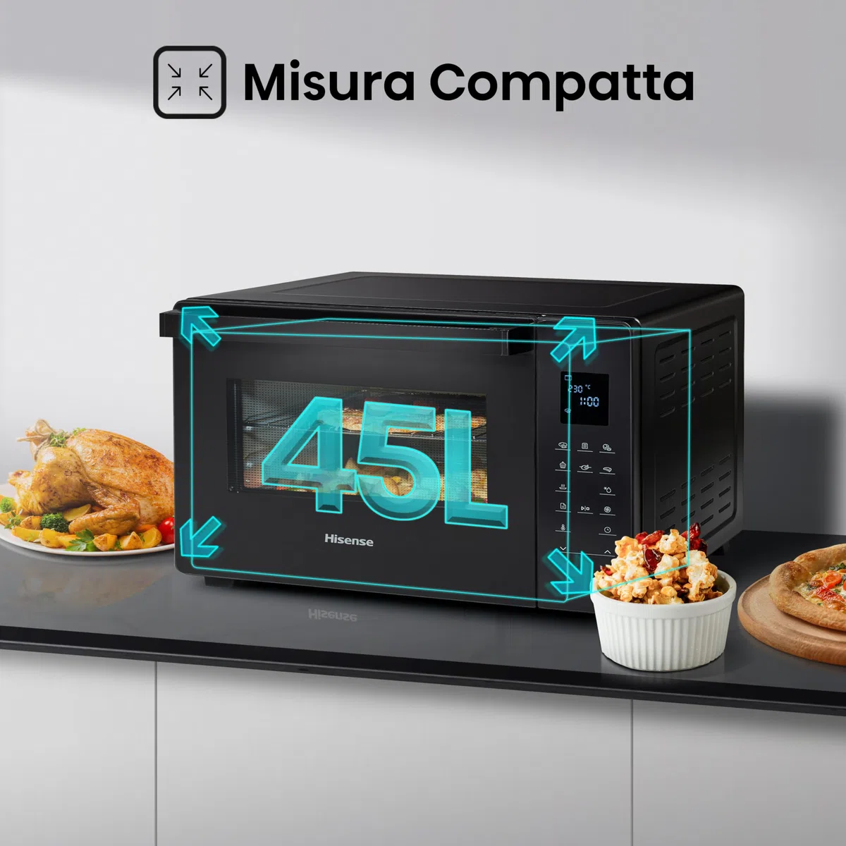 Hisense, HOM45D - Fornetto elettrico 45L, tre livelli di cottura a convezione, girarrosto, comandi touch, programmi automatici