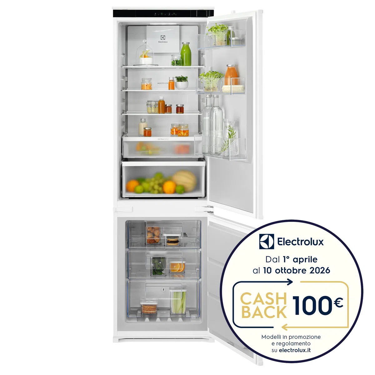 Electrolux Serie 600 Frigorifero Combinato da Incasso, ENT6MD18S0, 249 Litri, TwinTech Total No Frost, MultiFlow, Silenziosità 34 dB, 1772x546x549, Class D, Allarme Porta Aperta, Bianco