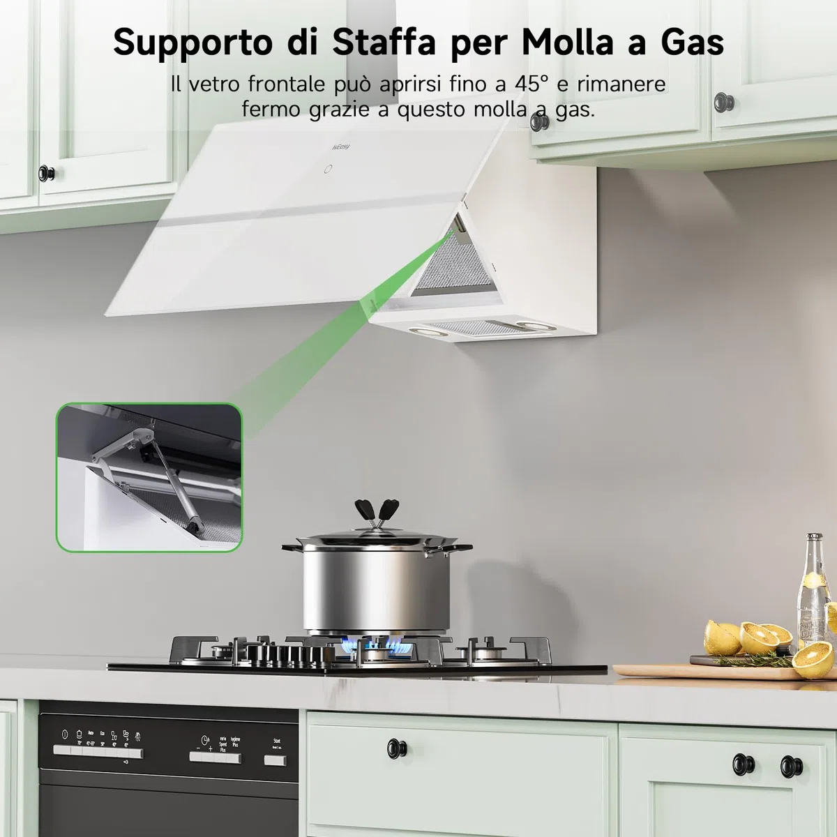 Cappa Aspirante 90 cm, IsEasy Cappa a Ricircolo, 571m³/h Forte Aspirazione, 4 Livelli, Ritenitore di Pannello, Modalità Evacuazione, Ritardo di Spegnimento 1–9min, Funzione Memoria,61dB, Bianco, A++
