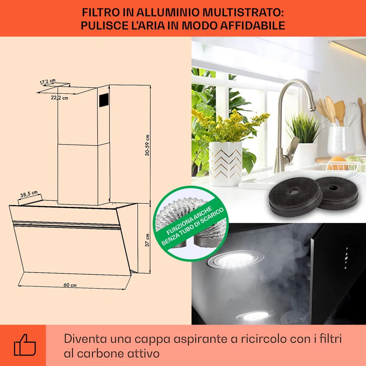 Klarstein Alina Angled Cappa Aspirante 60 cm, Cappa Cucina con Aspirazione Smart, Con Filtro per Cappa in Carbonio, Flusso d'Aria 594m³/h, Illuminazione LED RGB, Cappa Sottopensile Esterno Classe A