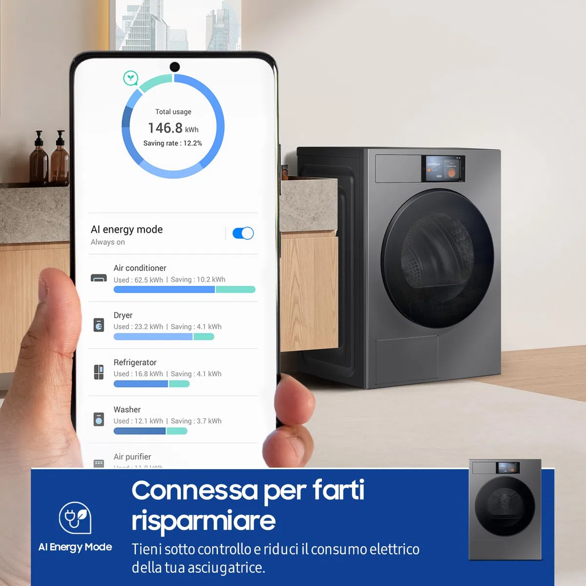 Samsung Asciugatrice Bespoke AI DV90F09F4S/U3, 9 kg, Pompa di Calore, Wifi, Controllo Vocale, Display AI Home, AI Dry, Carica Frontale, 60L x 85H x 60P cm