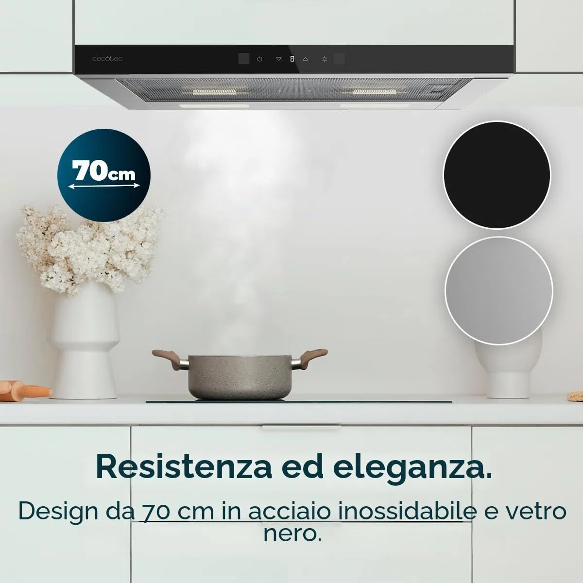 Cecotec Cappa Aspirante 70cm Telescopica Bolero Flux TLT 704400 Glass Black A+++. Aspirazione 431,2m³/h, Basso Consumo, Motore DC, Controllo Movimento e Touch, Vetro Frontale Nero, Corpo Acciaio Inox