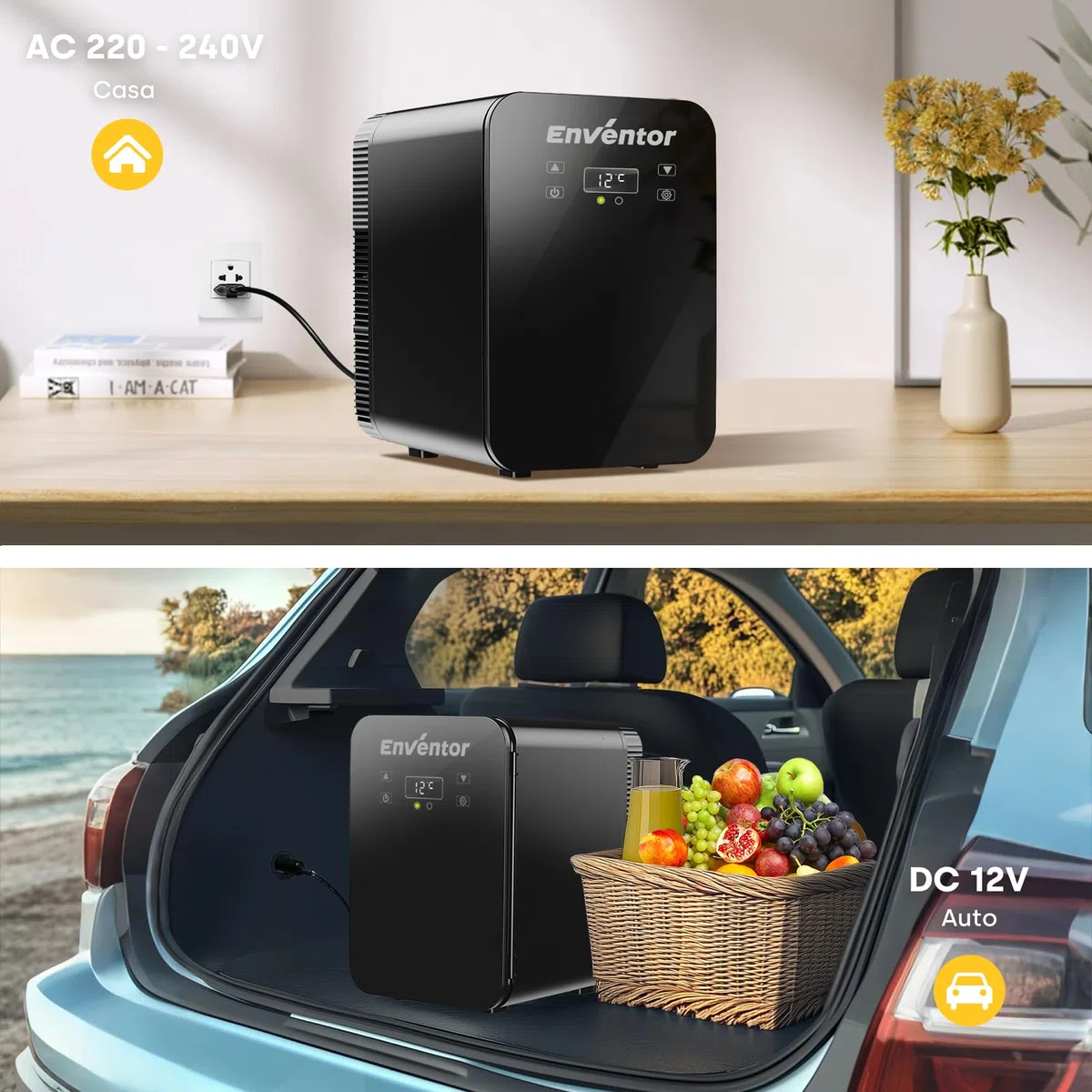 Enventor Frigorifero Piccolo 10L (Nero), Mini Frigo da camera con Raffreddamento e Riscaldamento, 12V/220V, Display LCD, Frigorifero Portatile per Auto, Cosmetici, Bevande, Frutta