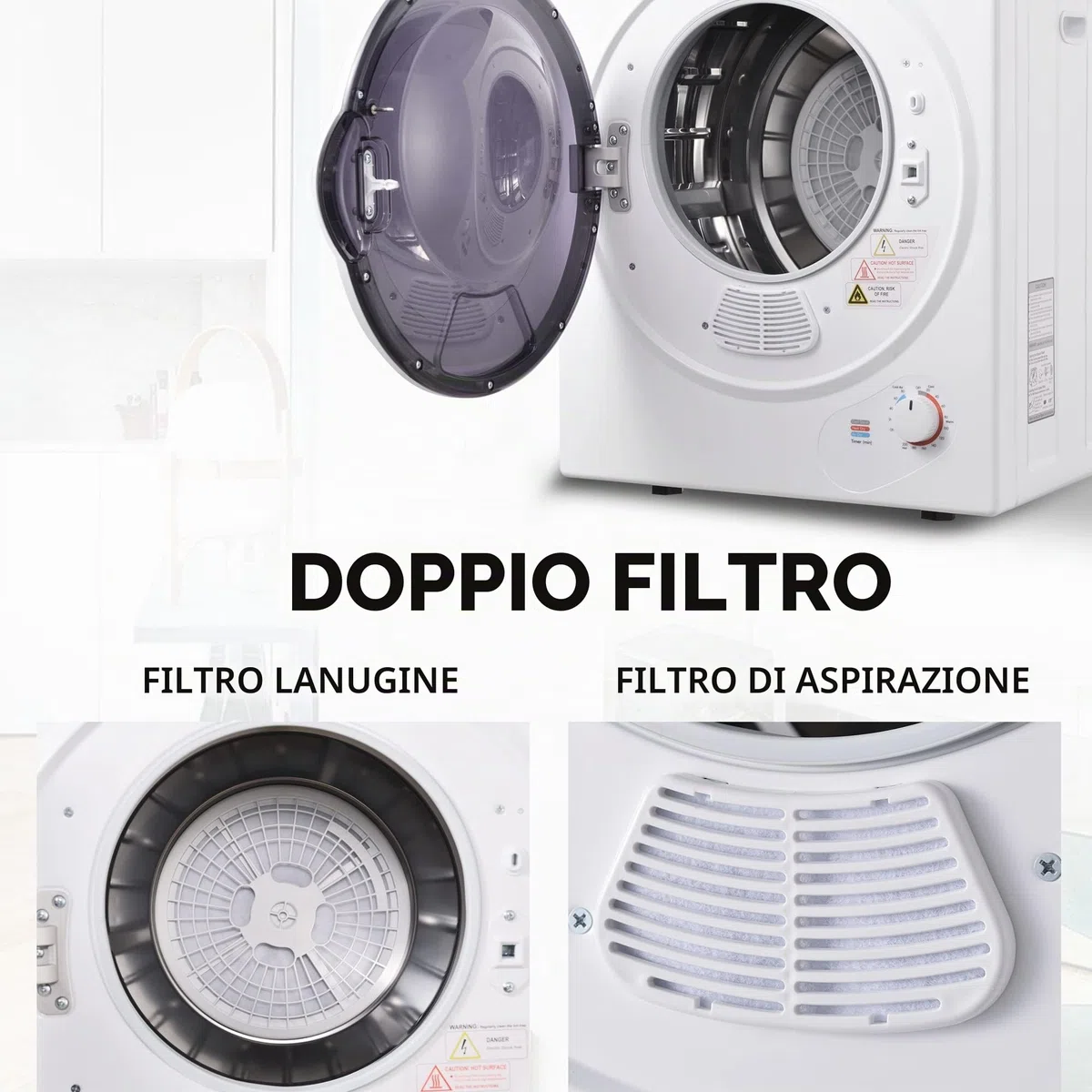 Merax Piccola asciugatrice con protezione da surriscaldamento, montaggio a parete con doppio filtro e timer, 2,5 kg, 850 W, bianco