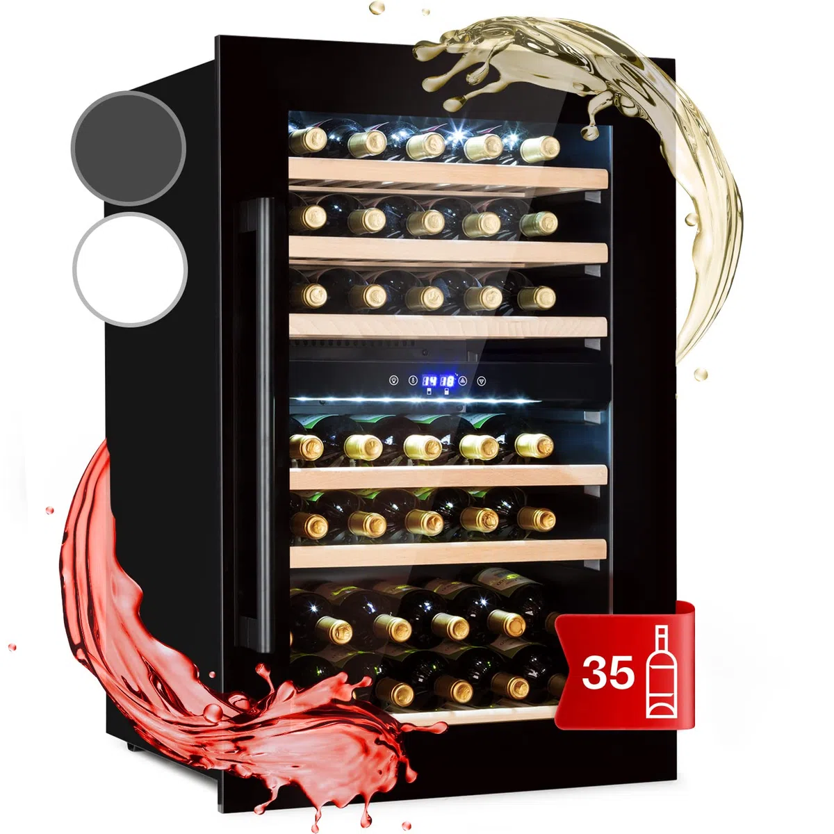 KLARSTEIN Cantinetta Vino Design da Incasso, Refrigerata a Zona Doppia per Vino Rosso, Bianco e Birra, Controlli Touch, Frigo per Esterno/Interno, 132L, 35 Bottiglie
