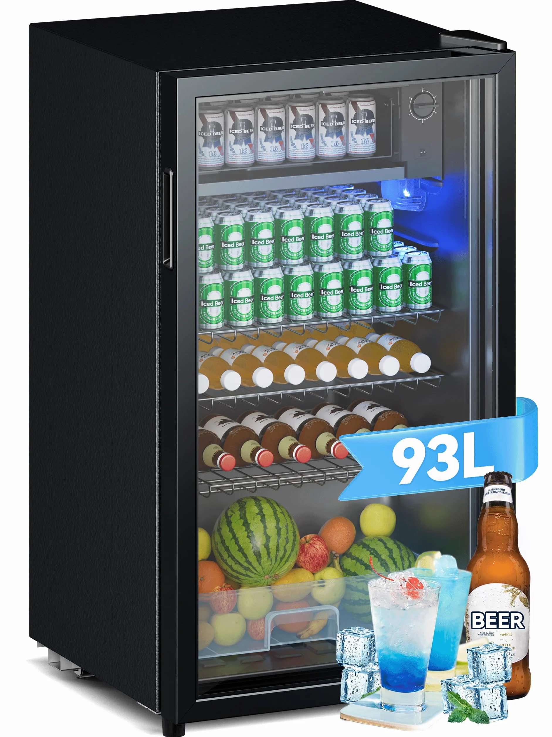 Devoko Frigorifero per bevande da 93L, con porta in vetro e illuminazione interna a LED, con ripiani regolabili in altezza, frigorifero compatto per cola, birra, vino, ideale per casa e ufficio