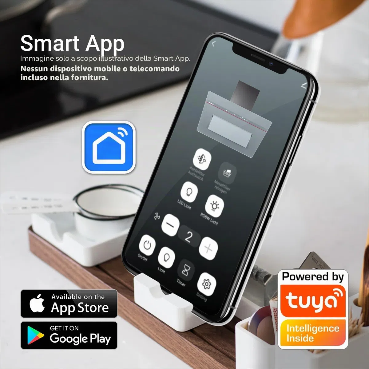 KKT KOLBE A+++ cappa aspirante 80 cm 782 cbm/h ricircolo aria di scarico senza testa | vetro grigio opaco | ricarica automatica | Smart WiFi App Wi-Fi | SensorTouch | Illuminazione LED RGBW |