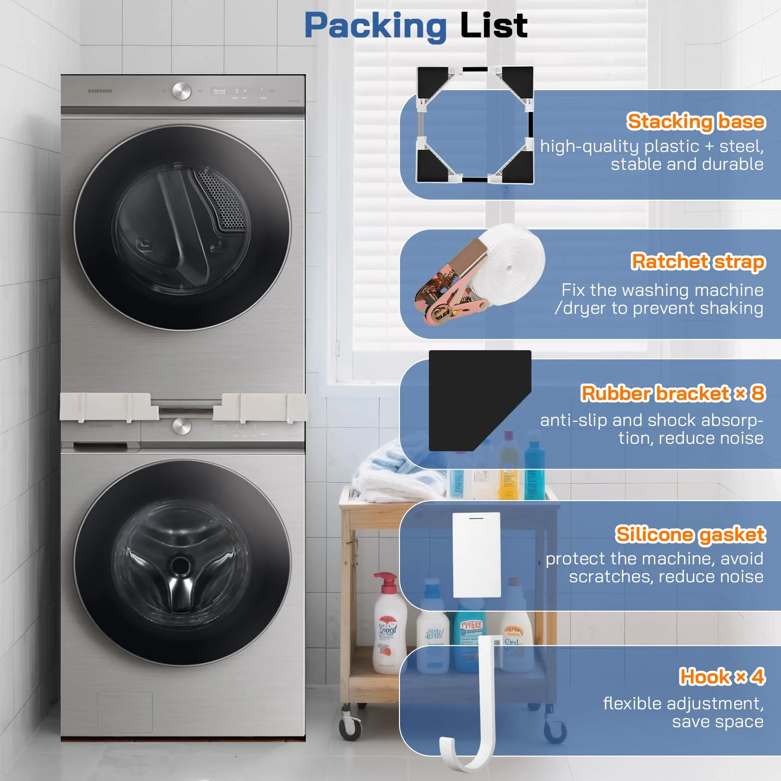 Kit Sovrapposizione Lavatrice Asciugatrice,Kit di Supporto Lavatrice Asciugatrice con Cinghie Cricchetto,per Lavatrici e Asciugatrici da 45-68cm, telaio di collegamento regolabileper200kg,salvaspazio