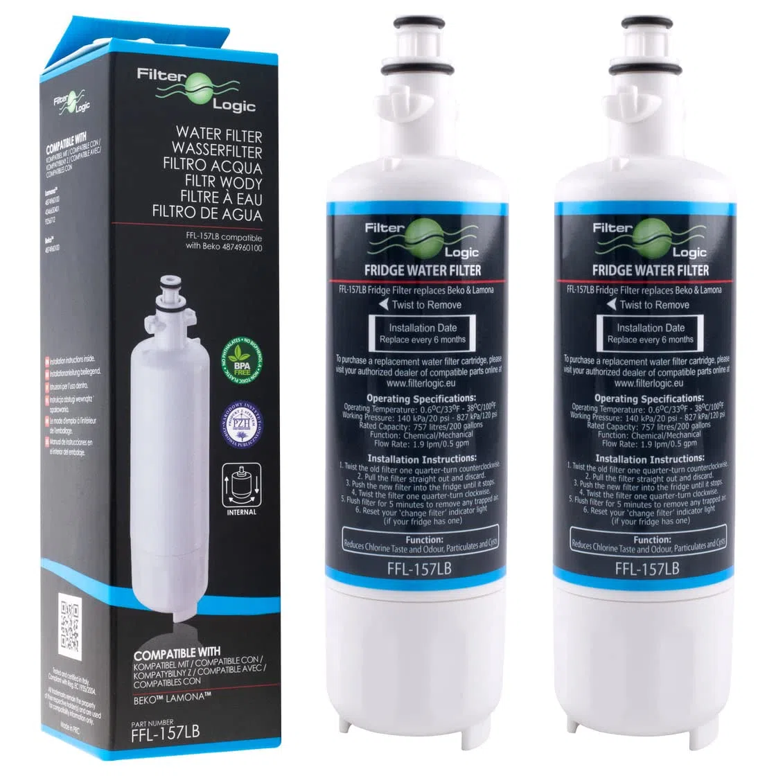 FilterLogic FFL-157LB | 2x Filtro acqua sostituisce cartuccia 4874960100 compatibile con Beko, Smeg, Grundig, Kuppersbusch frigorifero frigo americano 4 porte