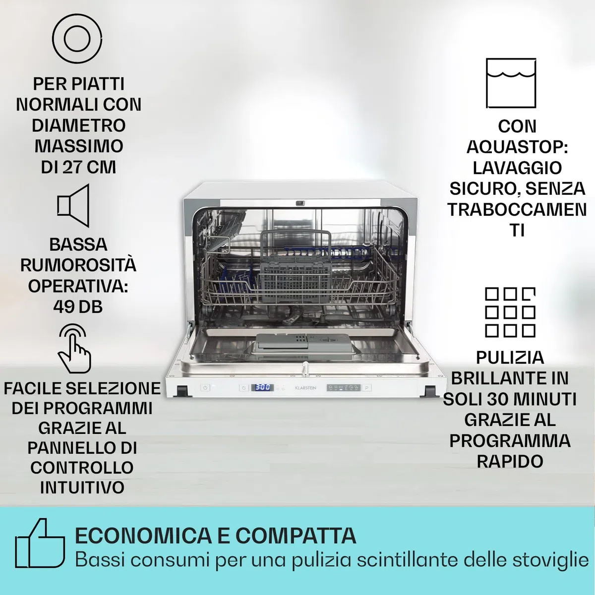 Klarstein Amazonia 6 Secret Lavastoviglie Incasso Completamente integrato A+ 174 kWh/anno Larghezza 55 cm 6 posate 6 programmi Aquastop