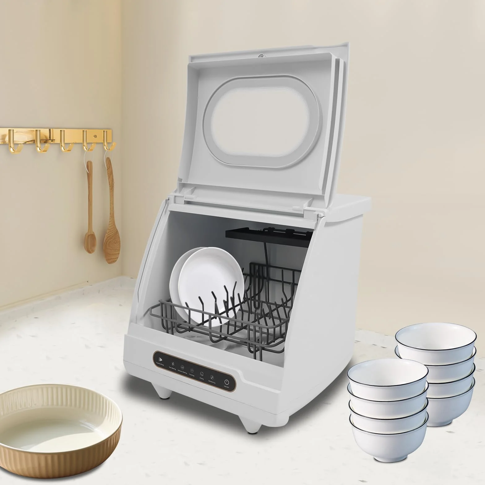 Lavastoviglie da tavolo, mini lavastoviglie portatile, mini lavastoviglie con serbatoio dell'acqua da 5 l e 5 programmi, piccola lavastoviglie da tavolo per casa, ufficio, campeggio