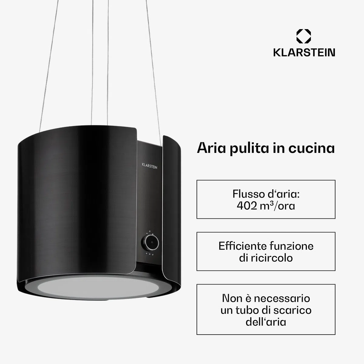 Klarstein Skyfall Smart - Cappa a Isola, Controllo Manuale o per App, 45 x 42 cm (ØxL), Sospesa, Ricircolo/Scarico, 3 Livelli, 402 m³/h, 200 W, Luce LED, Classe Energetica C, Nero