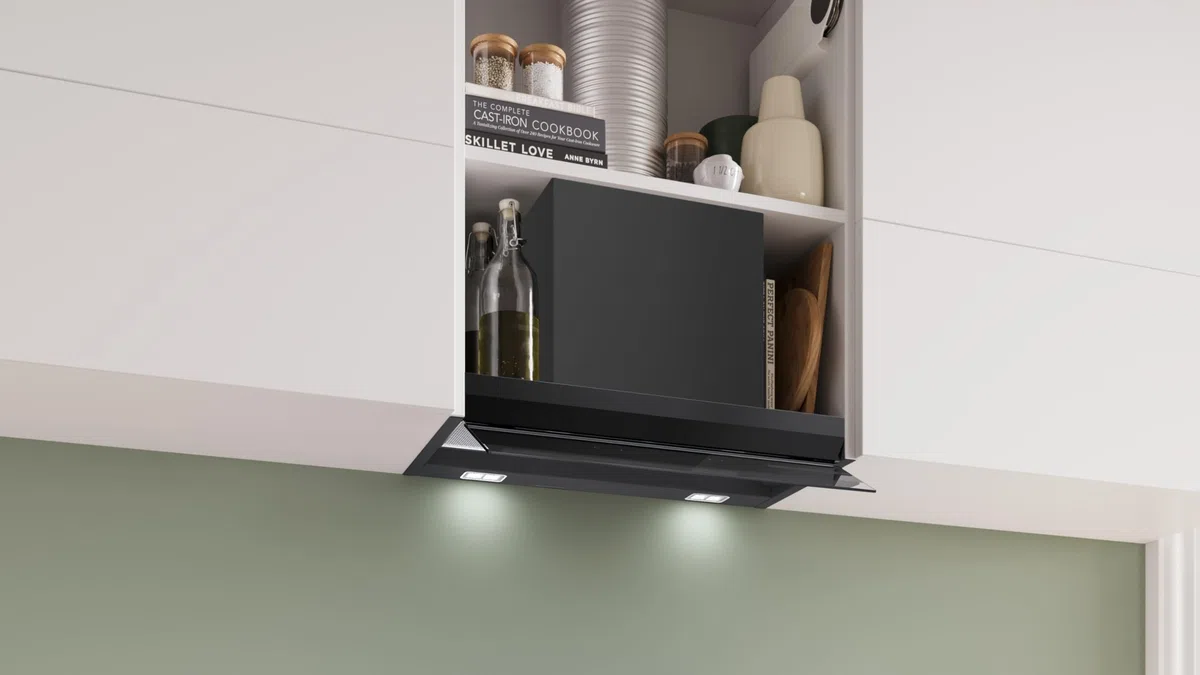 Serie 6, cappa di design integrato, 60 cm, vetro trasparente nero stampato, nero opaco, DBB67DP60