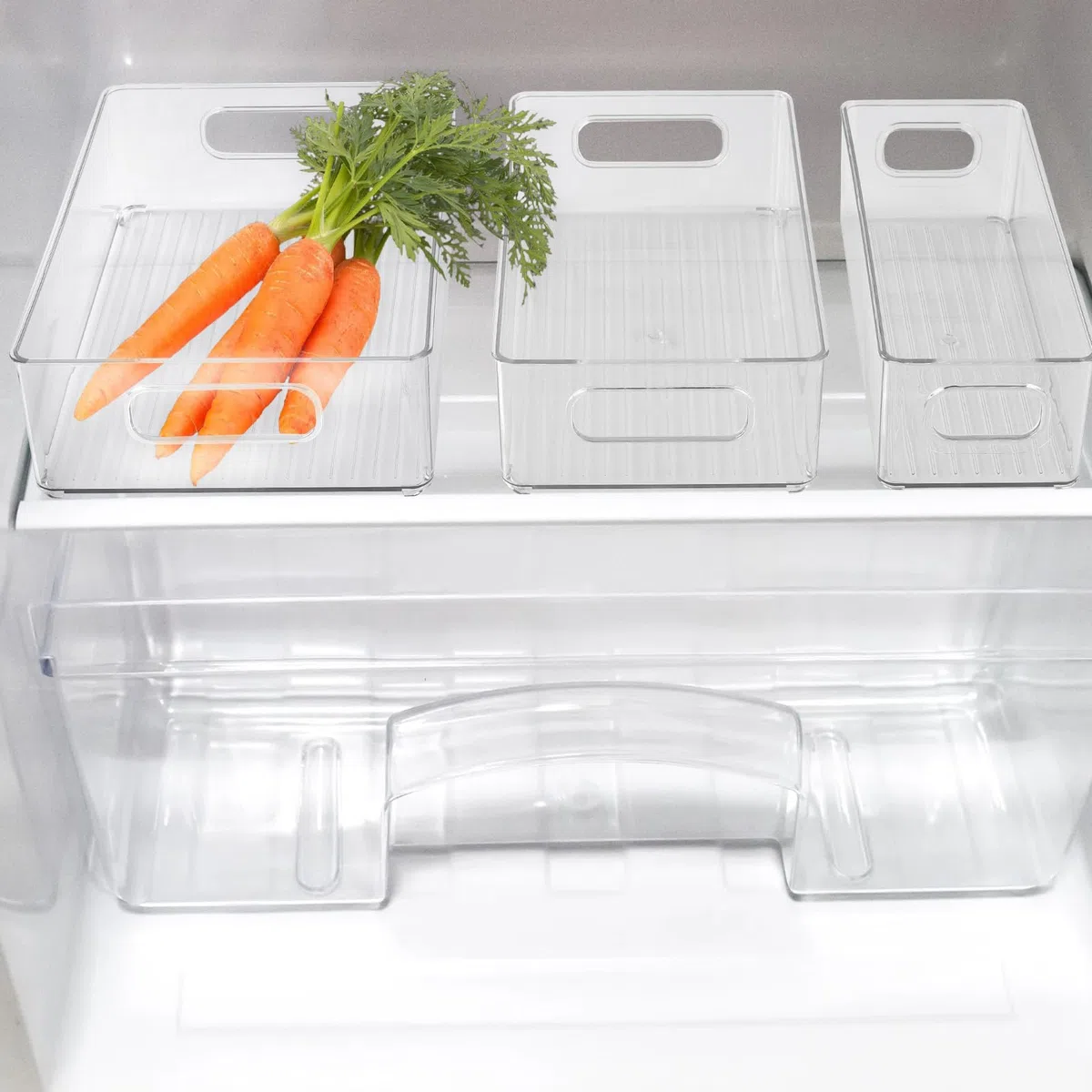 FUNSUEI Set di 6 organizer per frigorifero, 3 misure, contenitore per frigorifero, contenitore con manico, trasparente, organizer in plastica per la cucina