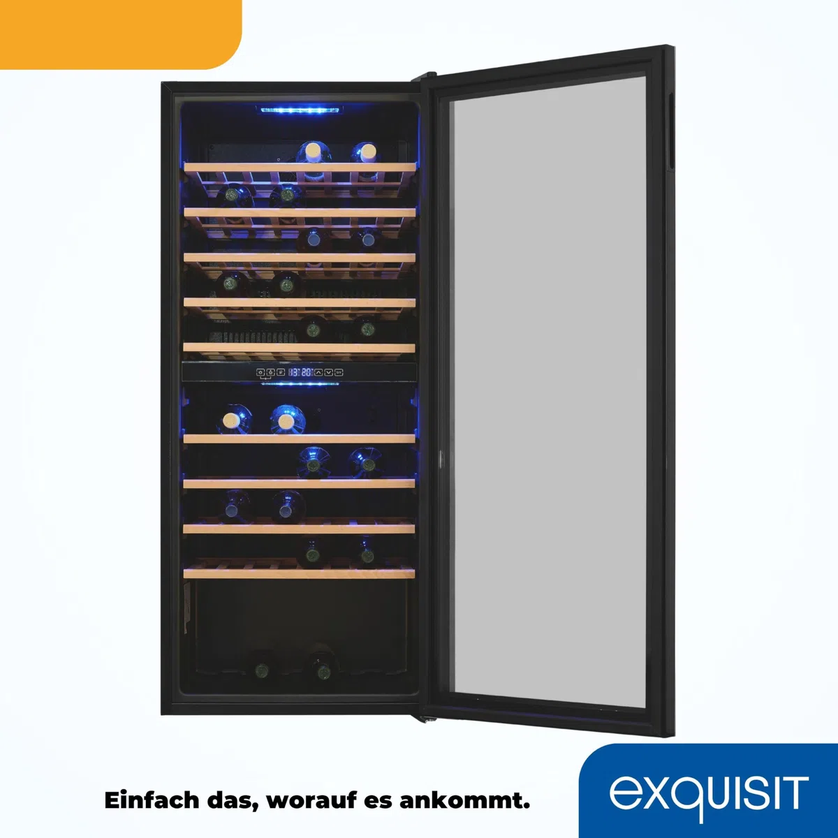 Exquisit Frigorifero per vino a 2 zone, spazio per 78 bottiglie, 194 litri, ventilatore a ricircolo, 9 ripiani in legno, display digitale della temperatura, WS2-78-GTE-160G nero
