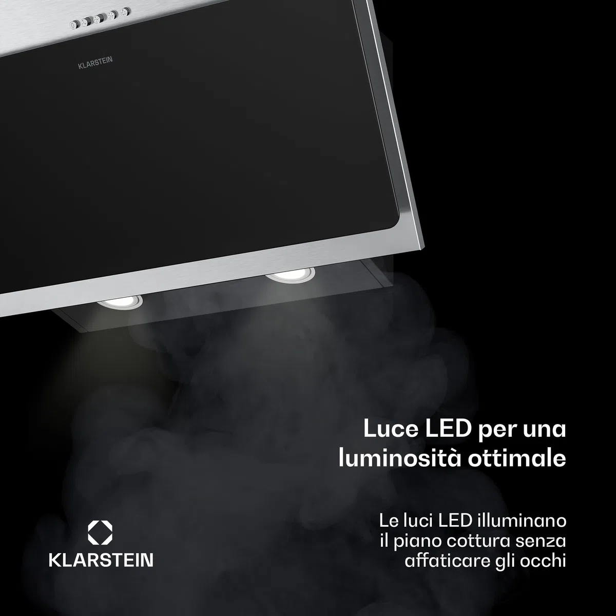 Klarstein Alessia Cappe Inclinate - 60cm Cappa Angolare, 404 m³/h, LED, A+++, 3 Velocità & Boost, Filtro Carbone, Acciaio Inox & Vetro Nero, Aspirante o Ricircolo, Cappa Cucina