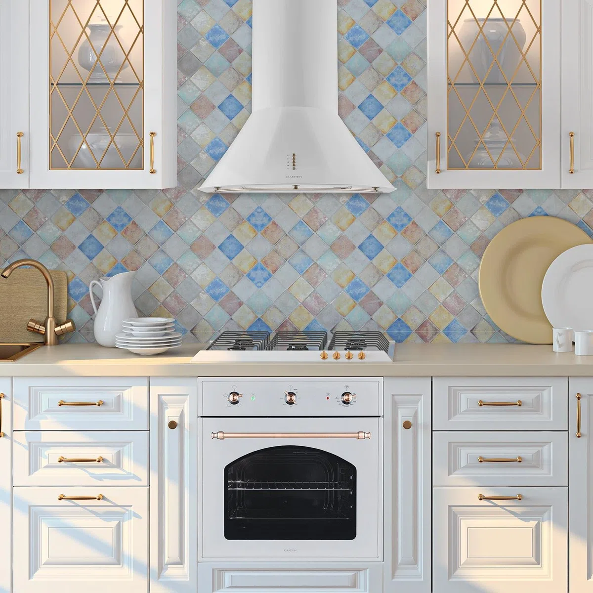 Klarstein Lumio Neo Cappa Aspirante Retró da cucina a parete in acciaio, 60 cm, capacità di aspirazione pari a 610m³/h, illuminazione alogena attivabile, Tre velocità di ventilazione, Bianco